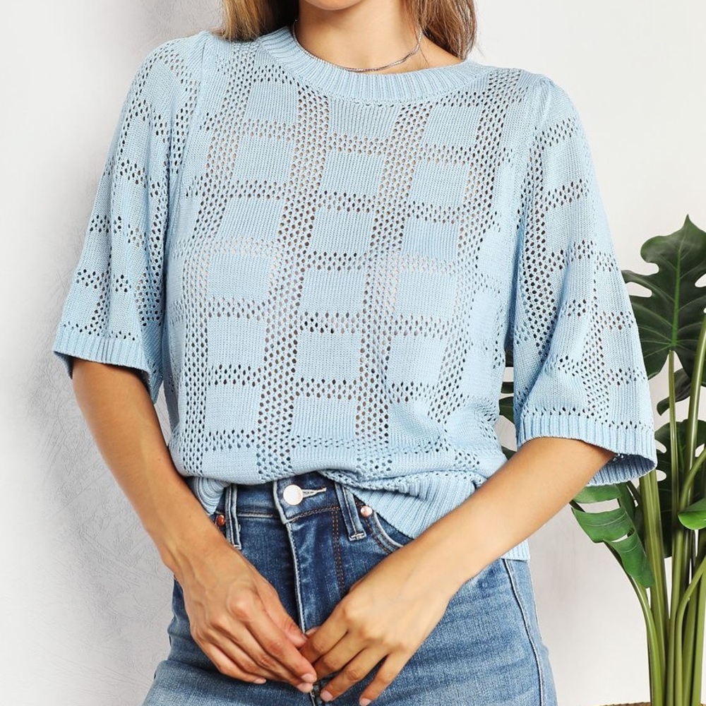 NEW Double Take Retro 80s Granny Square Blue Open Crochet Knit Sweater Top